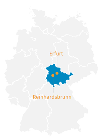 Lageplan von Deutschland (simple Darstellung), eingezeichnet sind Erfurt und Schloss Reinhardsbrunn im Zentrum Deutschlands