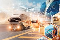 Truck on a road, overlaid with digital networks, symbols for transport, air freight, security, and Industry 4.0. In the background, a person in business attire with a tablet and a person in safety clothing with a digital control interface can be seen.