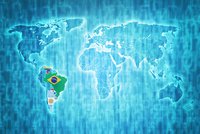 Flaggen der Mercosur-Mitglieder auf einer blauen digitalen Weltkarte
