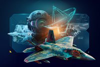 Digitale Collage zum Thema Luft- und Raumfahrt: Im Vordergrund fliegt ein moderner Tarnkappen-Kampfjet. Dahinter sind ein Helm, ein Raketenantrieb und eine große Satellitenschüssel mit holografischen Datenelementen dargestellt. Die Motive sind in Blau- und Türkistönen auf einem dunklen Hintergrund gestaltet und symbolisieren die Vernetzung von Luftfahrt, Raumfahrt, Verteidigungstechnologien und satellitengestützter Kommunikation.