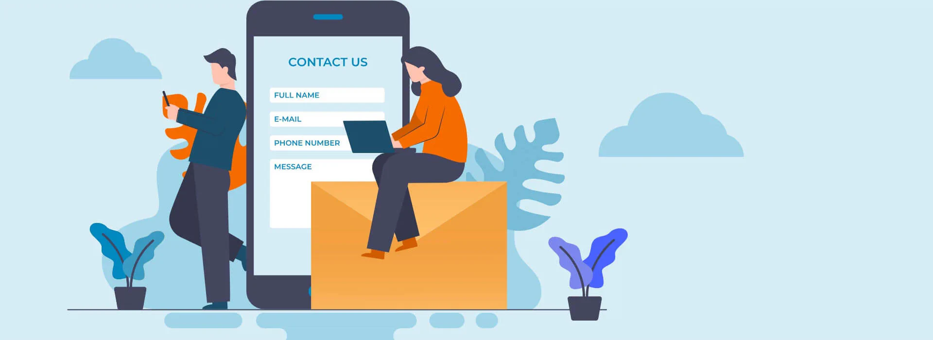 Ansprechpartner Bildbeschreibung / description: Vektorgrafik eines übergroßen Smartphones auf dem eine Kontaktseite geöffnet ist, ein Mann link lehnt sich am Smartphone an und hält ein weiteres in der Hand, eine Frau sitzt im Vordergrund auf einem Brief in Übergröße und arbeitet am Laptop