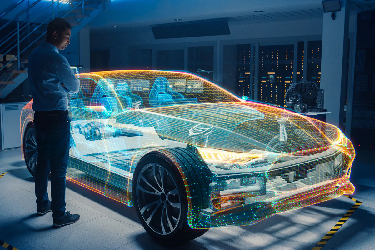 Optische Komponenten wie z.B. für intelligente Autos gehören zum Produktportfolio der AMOT GmbH. Bild: istockphoto.com / Gorodenkoff holographische Modellprojektion eines Elektroautos