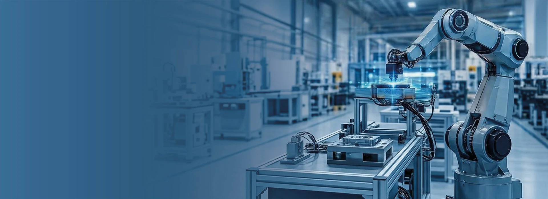 Bildbeschreibung / description: Industrieroboterarm in einer modernen Produktionshalle bearbeitet ein Bauteil auf einer automatisierten Fertigungsanlage.