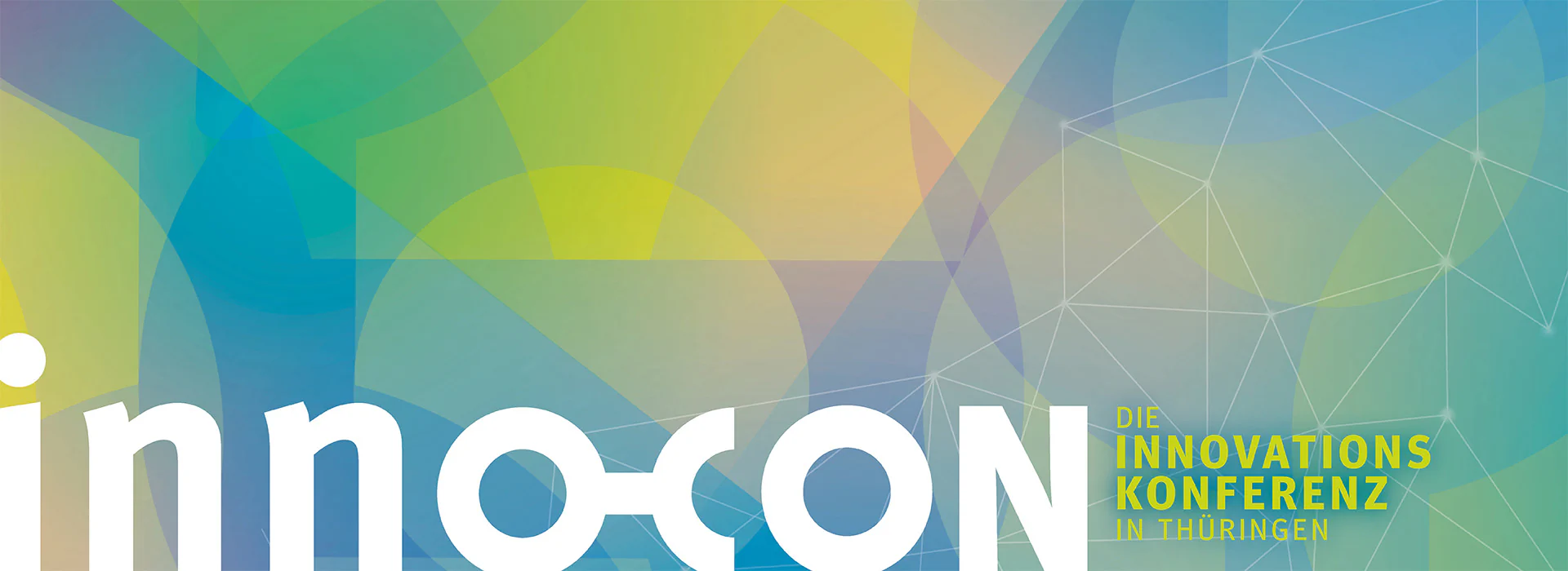 Bildbeschreibung / description: Abstrakter, farbenfroher Header mit geometrischen Formen und großem Schriftzug ‚innocon‘ sowie dem Text ‚Die Innovationskonferenz in Thüringen‘.