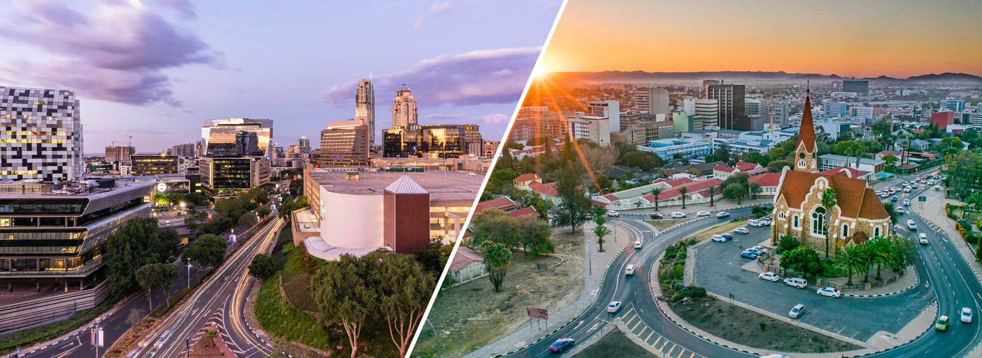 Bild: Fotomontage Arnold Petersen / istockphoto.com & Nate Hovee / Shutterstock.com Bildbeschreibung / description: Johannesburg, Südafrika / Windhoek, Namibia