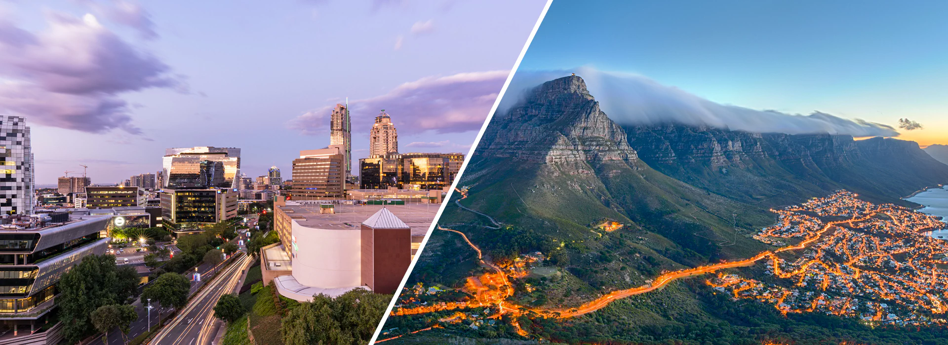 Image: Photomontage Arnold Petersen / istockphoto.com & 4FR / istockphoto.com Image description: Photomontage: Skyline of the South African cities of Johannesburg and Cape Town