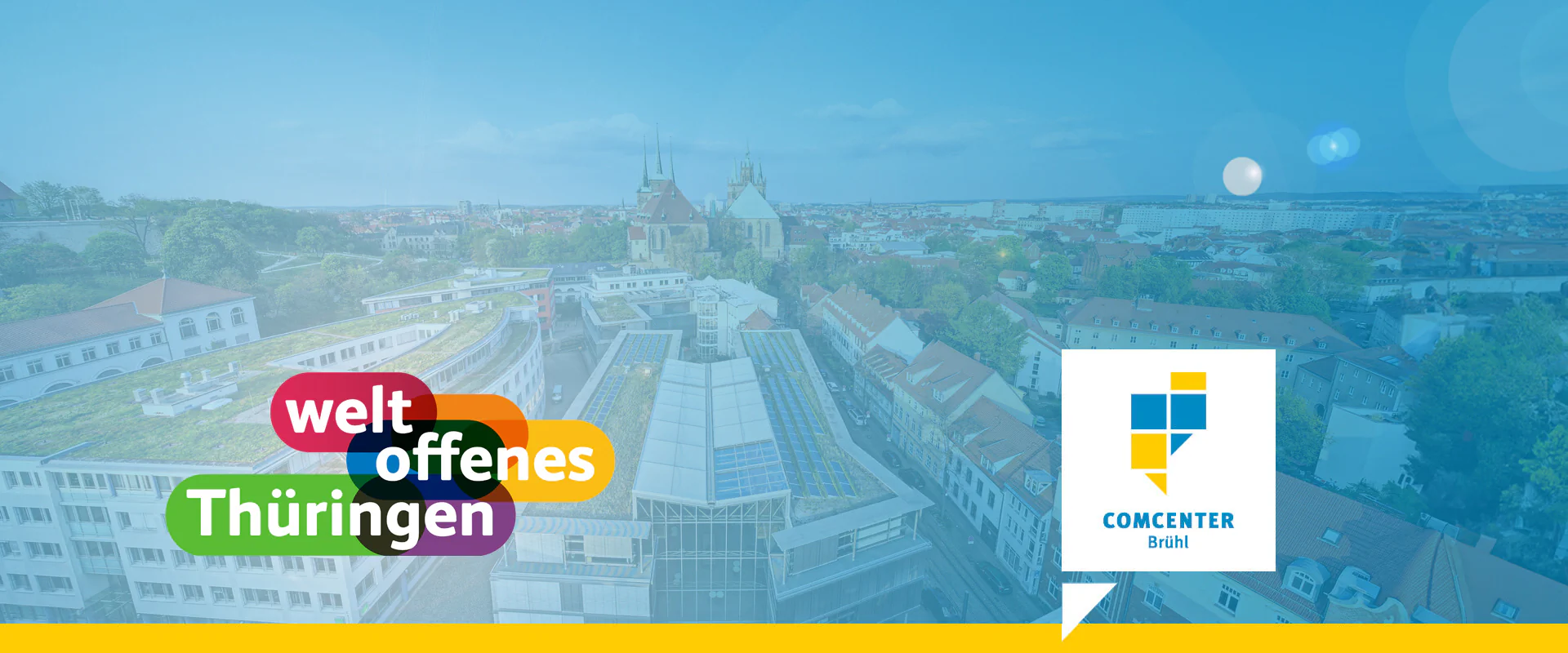Bildbeschreibung / description: Logos der Initiative Weltoffenes Thüringen und dem COMCENTER Brühl mit Drohnenaufnahme des LEG-Gebäudes im Hintergrund