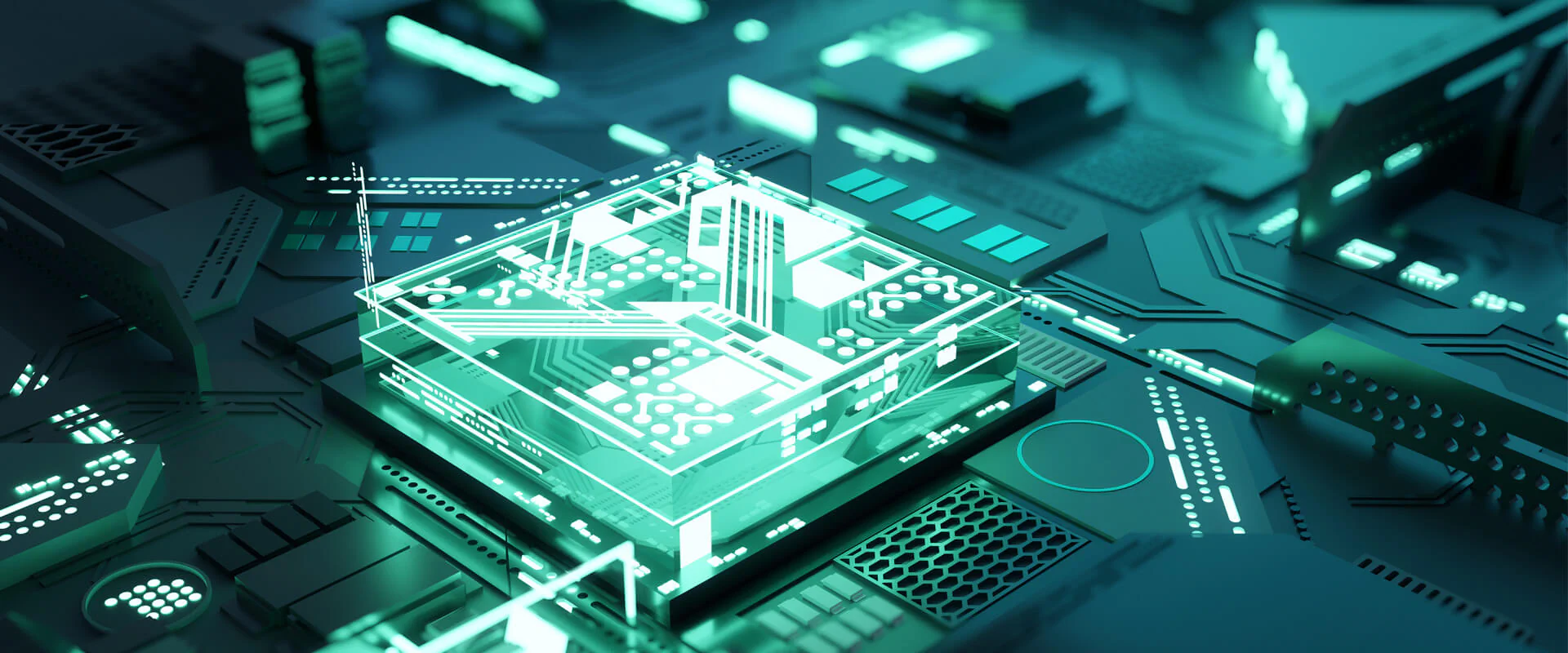 Ein Computerchip mit einem grünen Licht, das leuchtet und technische Innovation symbolisiert.